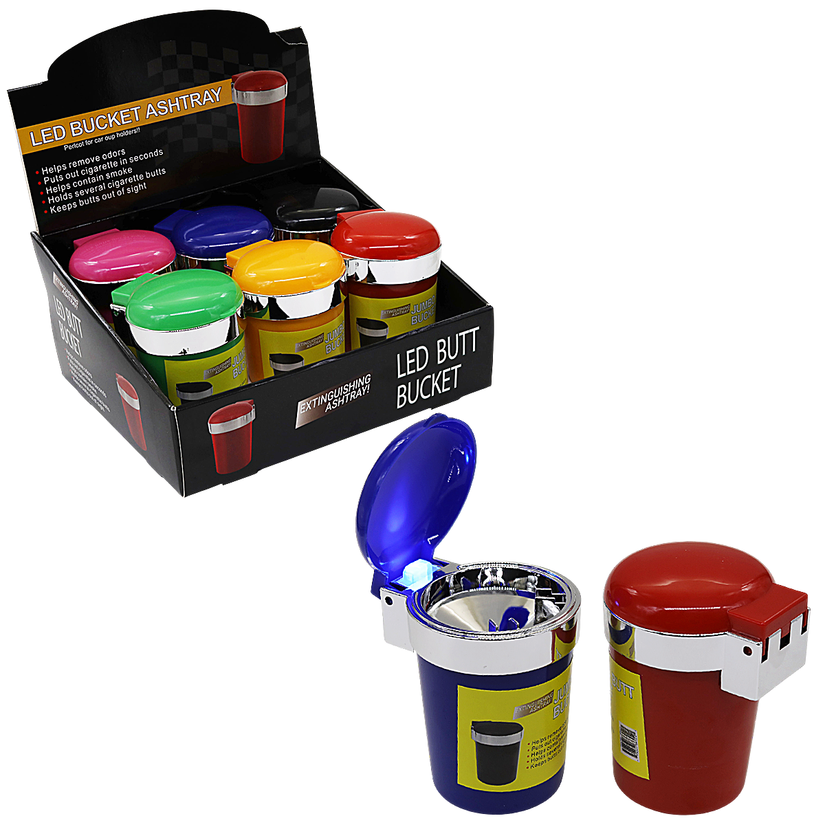 LED Butt Bucket Extinguishing Auto Clip Ashtray (ASH24) | 6 Count Display | Assorted Colors product image